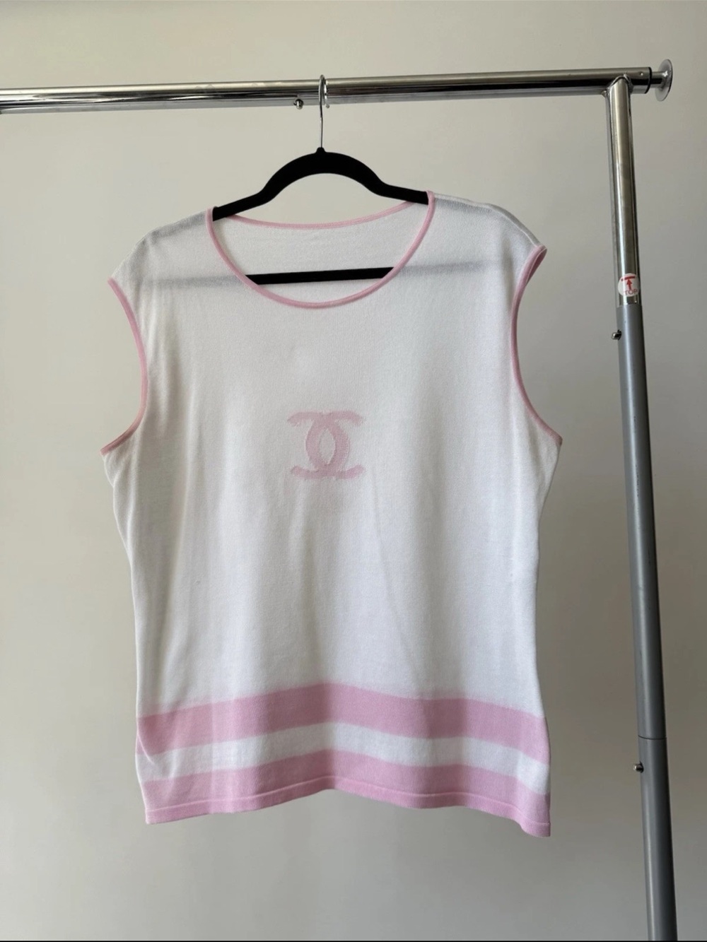 CHANEL White Tank Top with Pink Trim and Logo